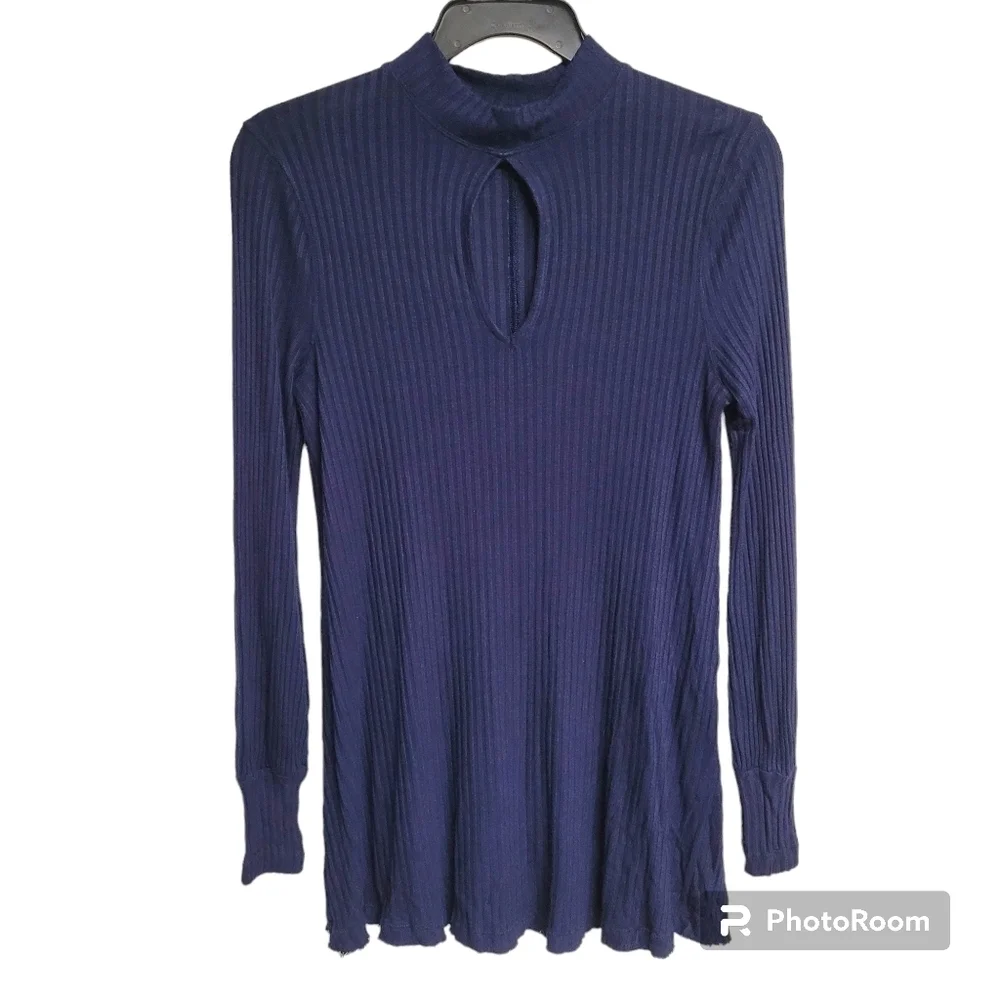 We‎ The Free People Blue Long Sleeve Mock Neck Flare Ribbed Tunic Dress Top XS